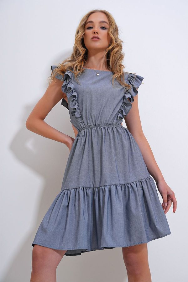 Trend Alaçatı Stili Trend Alaçatı Stili Women's Gray Boat Neck Low-cut Waist Poplin Dress