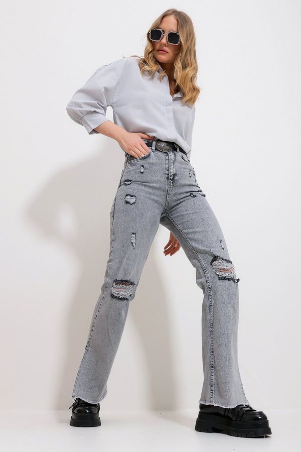 Trend Alaçatı Stili Trend Alaçatı Stili Women's Gray Five Pockets Slit Jeans