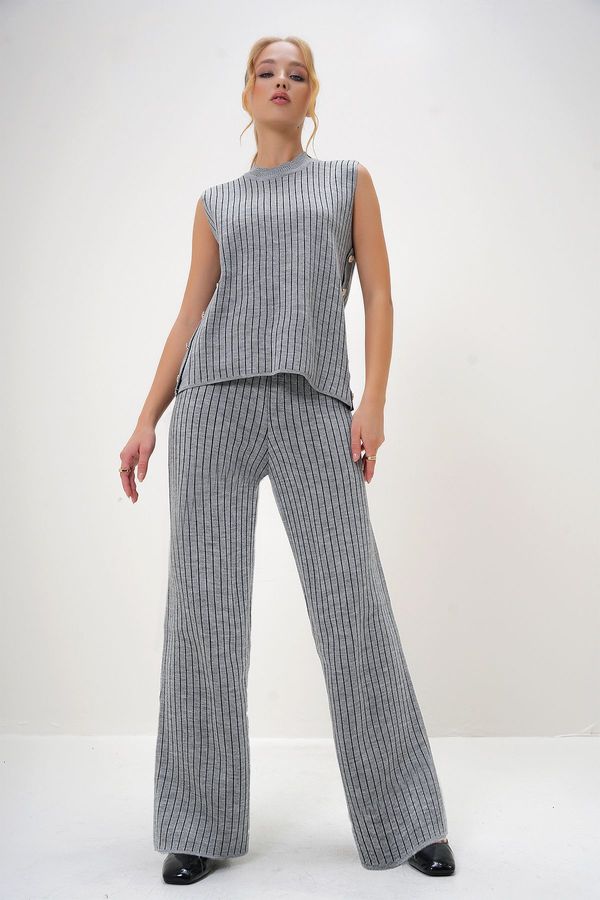 Trend Alaçatı Stili Trend Alaçatı Stili Women's Gray Half Turtleneck Side Buttoned Blouse and Palazzo Pants Set