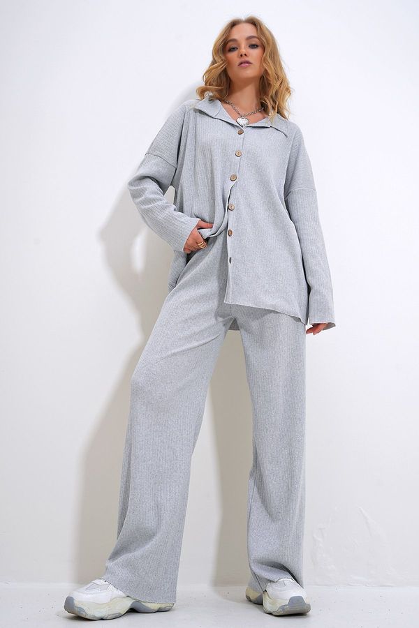 Trend Alaçatı Stili Trend Alaçatı Stili Women's Gray Oversize Shirt and High Waist Interlock Set