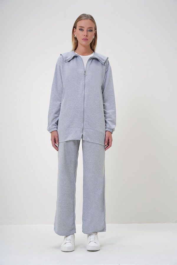 Trend Alaçatı Stili Trend Alaçatı Stili Women's Gray Polo Collar Zippered Jacket and Trousers Set