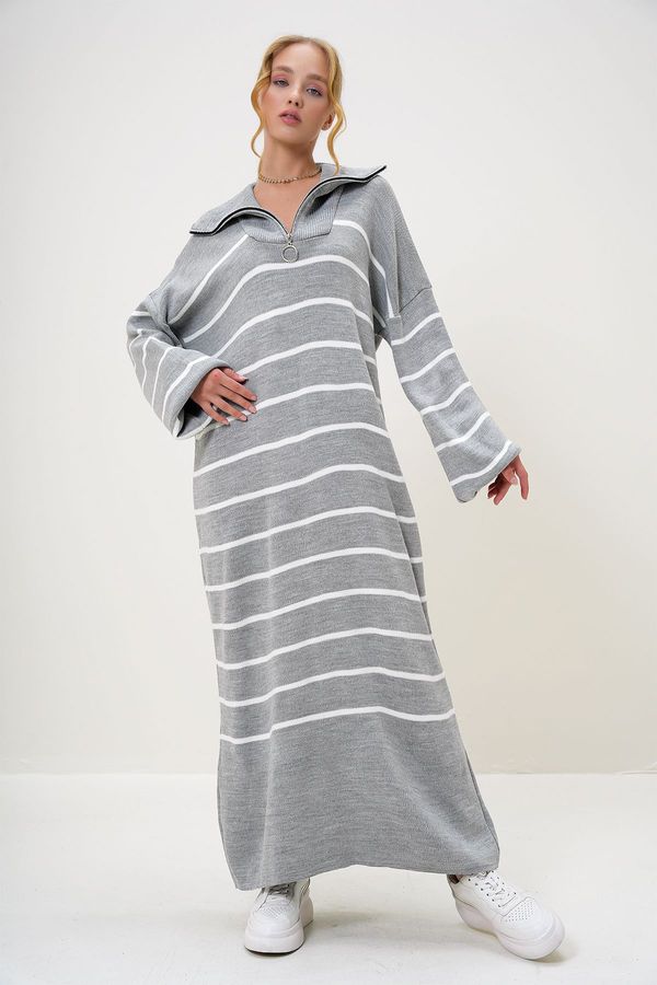 Trend Alaçatı Stili Trend Alaçatı Stili Women's Gray Turtleneck Half Zipper Oversize Maxi Dress