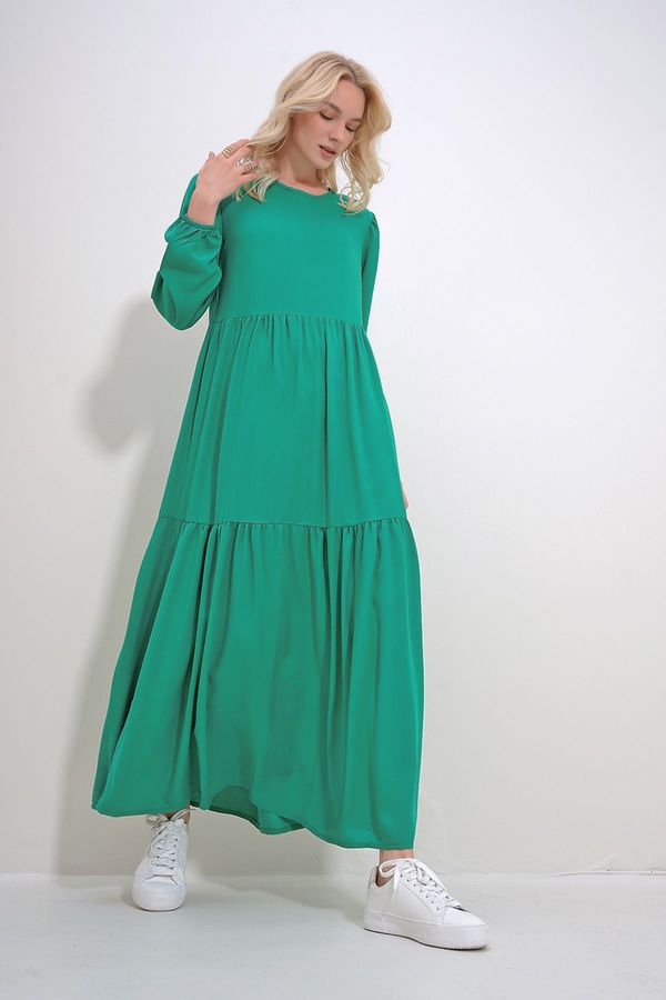 Trend Alaçatı Stili Trend Alaçatı Stili Women's Green Boat Neck Balloon Sleeve Layered Flounced Waist Belted Woven Viscose Dress