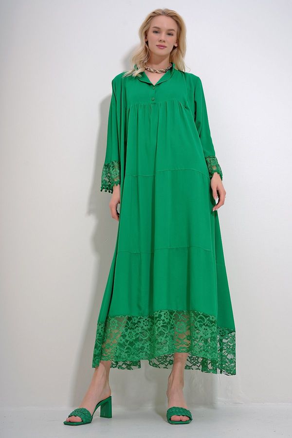 Trend Alaçatı Stili Trend Alaçatı Stili Women's Green Collar Robe Buttoned Lace Detailed Maxiboy Dress