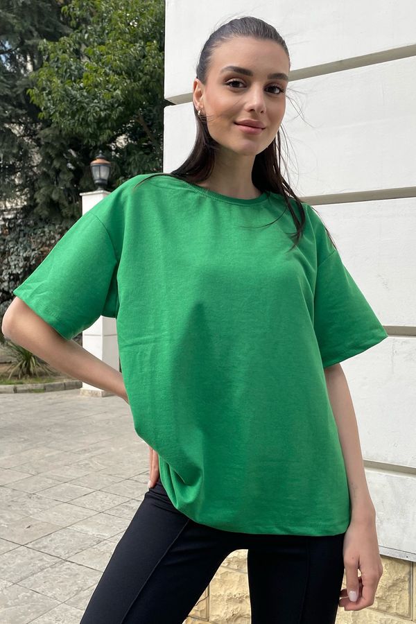 Trend Alaçatı Stili Trend Alaçatı Stili Women's Green Crew Neck Two Threads Oversized T-Shirt
