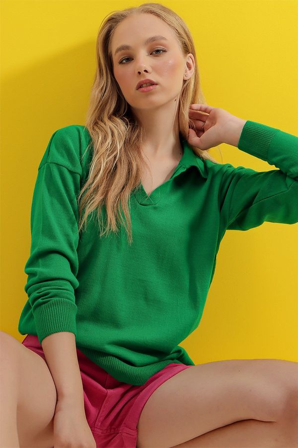 Trend Alaçatı Stili Trend Alaçatı Stili Women's Green Polo Collar Basic Seasonal Knitwear Sweater