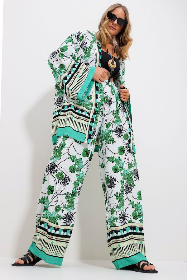 Trend Alaçatı Stili Trend Alaçatı Stili Women's Green-White Kimono Jacket and Palazzo Pants Set