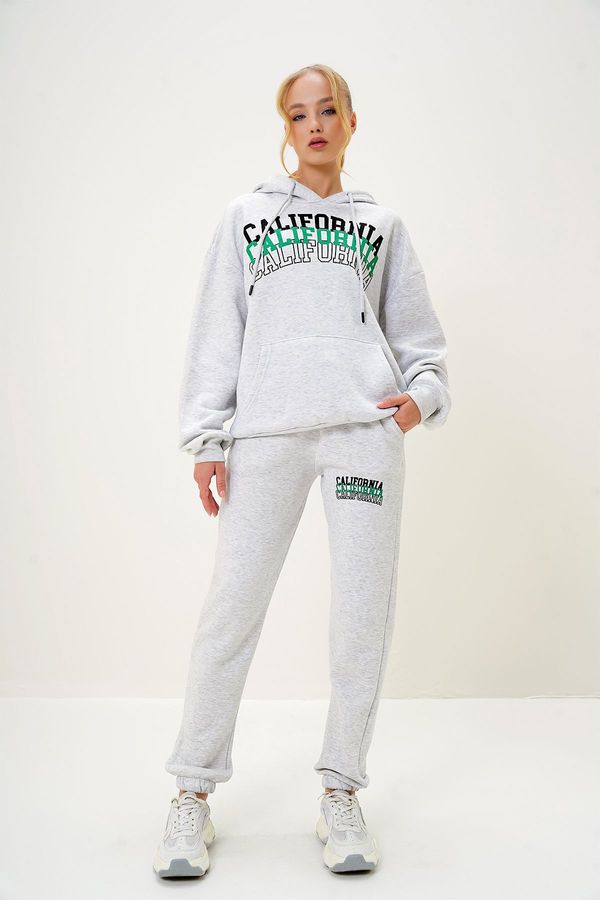 Trend Alaçatı Stili Trend Alaçatı Stili Women's Grey Melamine Hooded Kangaroo Pocket Sweatshirt and Elastic Leg Tracksuit Set