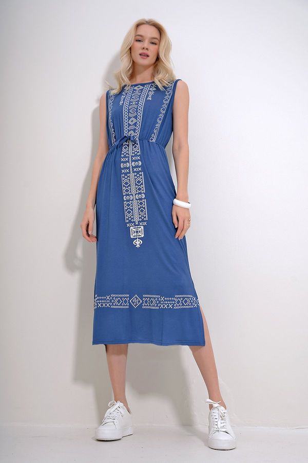 Trend Alaçatı Stili Trend Alaçatı Stili Women's Indigo Embroidery Printed Bohemian Dress