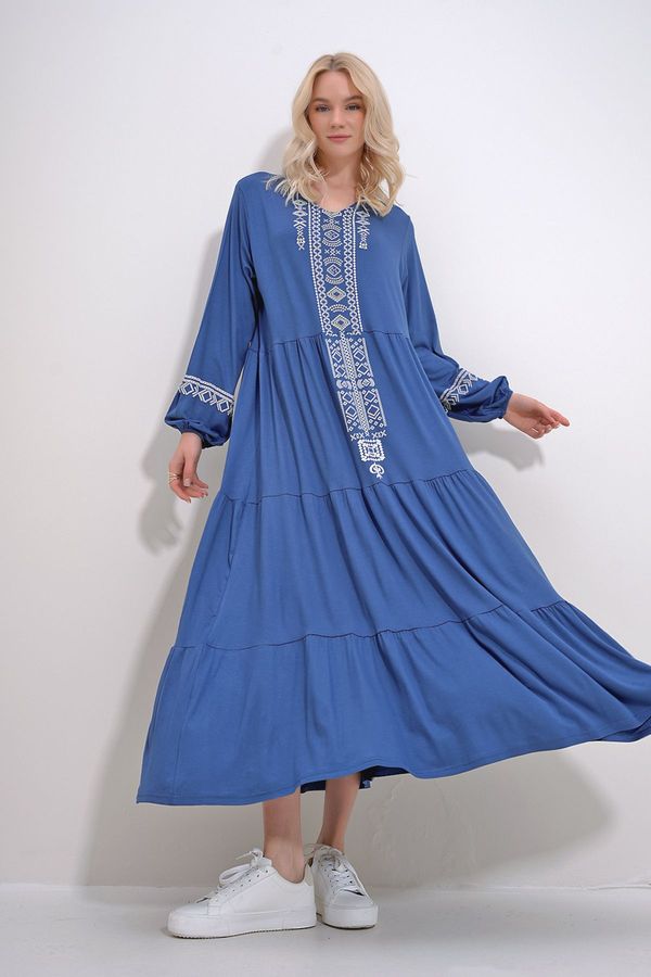 Trend Alaçatı Stili Trend Alaçatı Stili Women's Indigo V-Neck Ethnic Patterned Skirt Flounced Viscose Dress