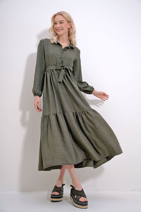 Trend Alaçatı Stili Trend Alaçatı Stili Women's Khaki Buttoned Front Skirt Flounced Flamed Linen Maxiboy Dress