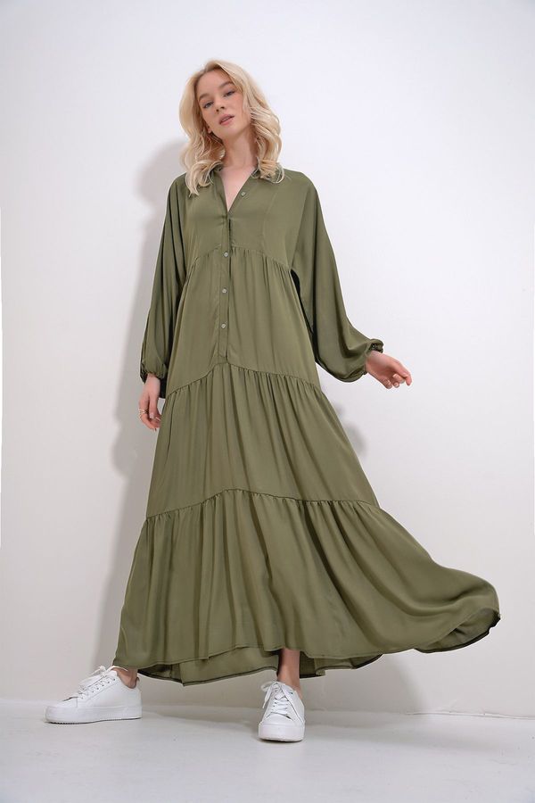 Trend Alaçatı Stili Trend Alaçatı Stili Women's Khaki Crew Neck Buttoned Flounced Skirt Gathered Viscose Dress