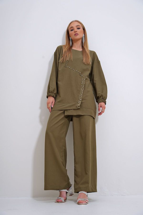 Trend Alaçatı Stili Trend Alaçatı Stili Women's Khaki Crew Neck Pearl and Stone Embroidered Tunic and Trousers Set