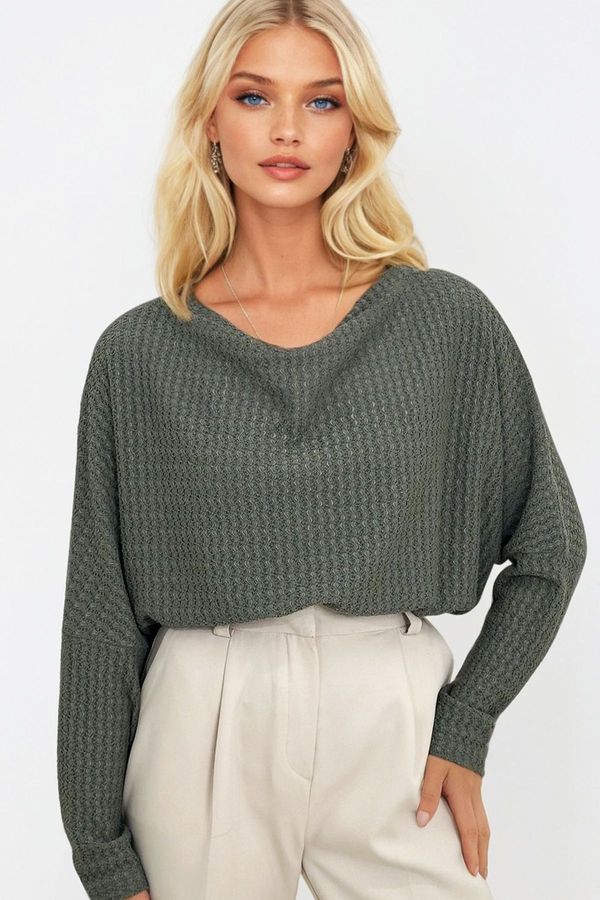 Trend Alaçatı Stili Trend Alaçatı Stili Women's Khaki Degaje Lapel Wide Cut Knitted Blouse