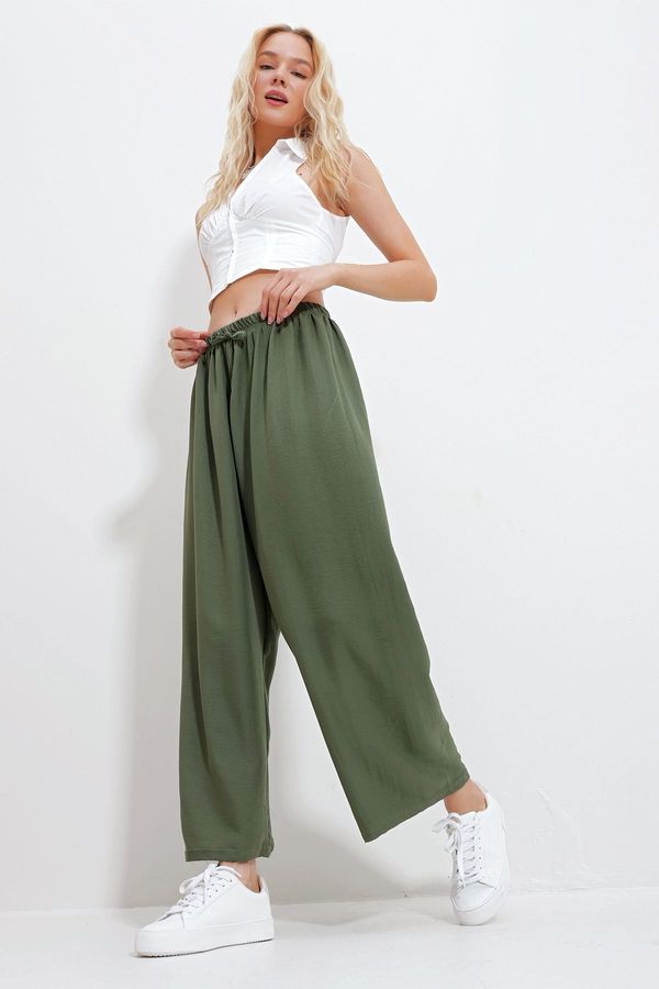 Trend Alaçatı Stili Trend Alaçatı Stili Women's Khaki Elastic Waist Wide Leg Loose Woven Trousers