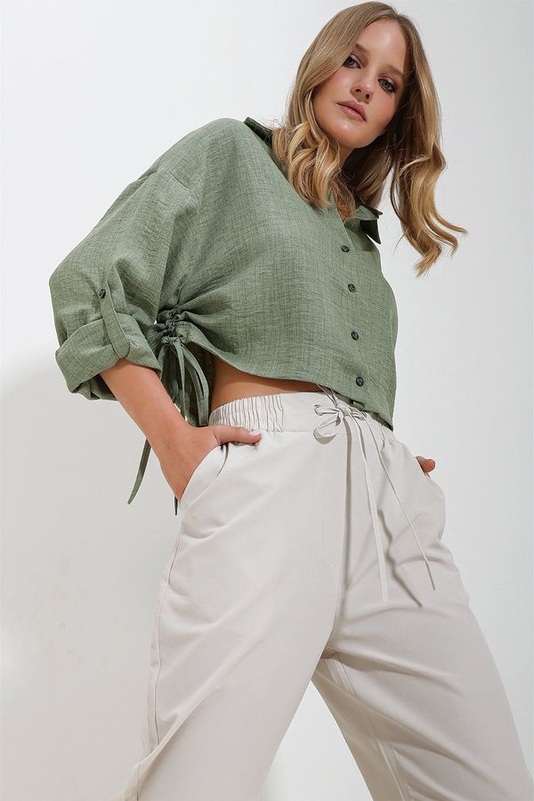 Trend Alaçatı Stili Trend Alaçatı Stili Women's Khaki Gathered Melange Linen Crop Shirt