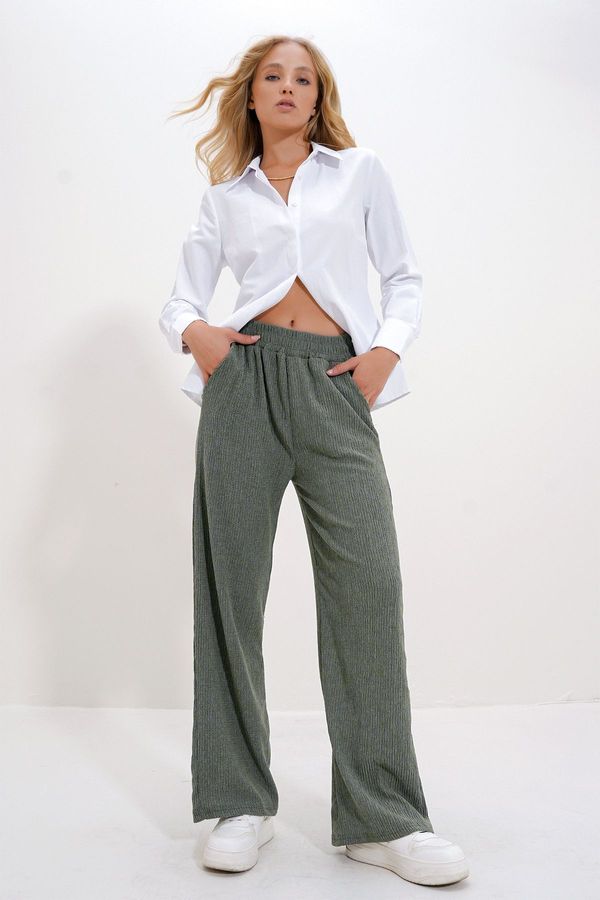 Trend Alaçatı Stili Trend Alaçatı Stili Women's Khaki High Waist Elastic Wide Leg Trousers