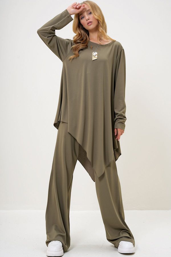 Trend Alaçatı Stili Trend Alaçatı Stili Women's Khaki Modal Fabric Crew Neck Asymmetric Cut Long Tunic and Trouser Set