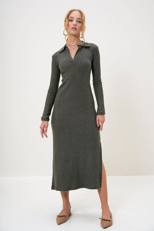 Trend Alaçatı Stili Trend Alaçatı Stili Women's Khaki Polo Collar Half Placket Side Slit Interlock Fabric Dress