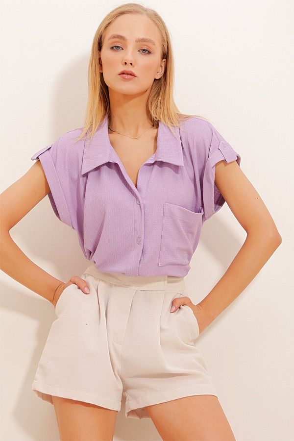 Trend Alaçatı Stili Trend Alaçatı Stili Women's Lilac Cuffed Double Breasted Short Sleeve Textured Shirt