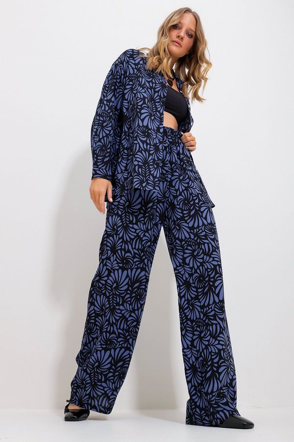Trend Alaçatı Stili Trend Alaçatı Stili Women's Midnight Blue Patterned Shirt And Trousers Bottom Top Woven Suit