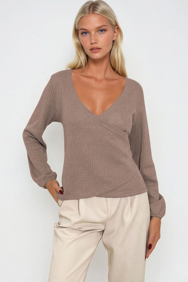 Trend Alaçatı Stili Trend Alaçatı Stili Women's Milk Coffee Double Breasted Elastic Collar Sleeve Blouse