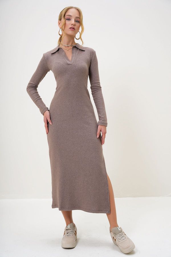 Trend Alaçatı Stili Trend Alaçatı Stili Women's Mink Polo Collar Half Placket Side Slit Interlock Fabric Dress