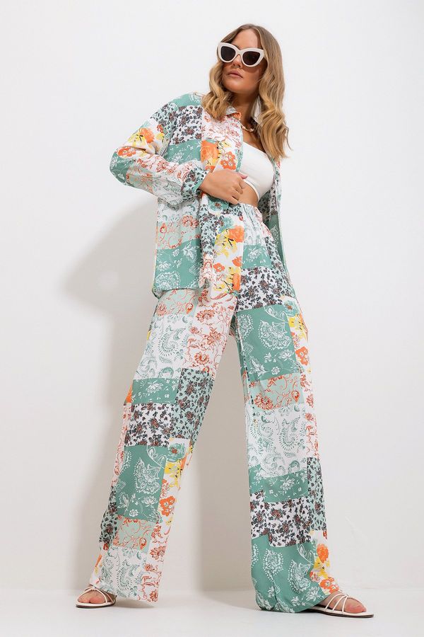 Trend Alaçatı Stili Trend Alaçatı Stili Women's Mint Patterned Shirt And Trousers Bottom Top Woven Suit