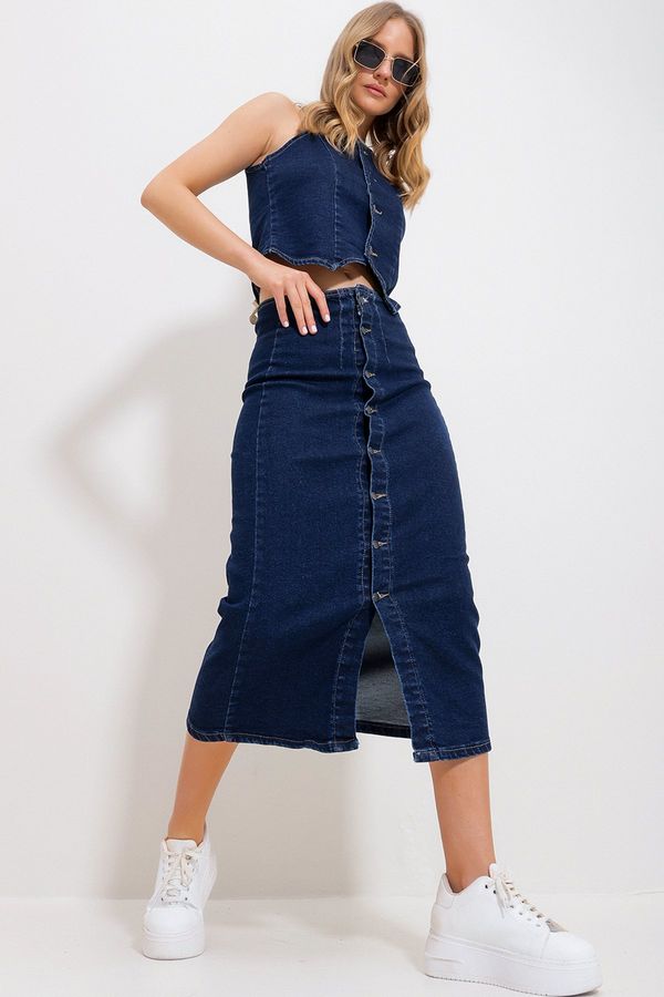 Trend Alaçatı Stili Trend Alaçatı Stili Women's Navy Blue Buttoned Jean Skirt