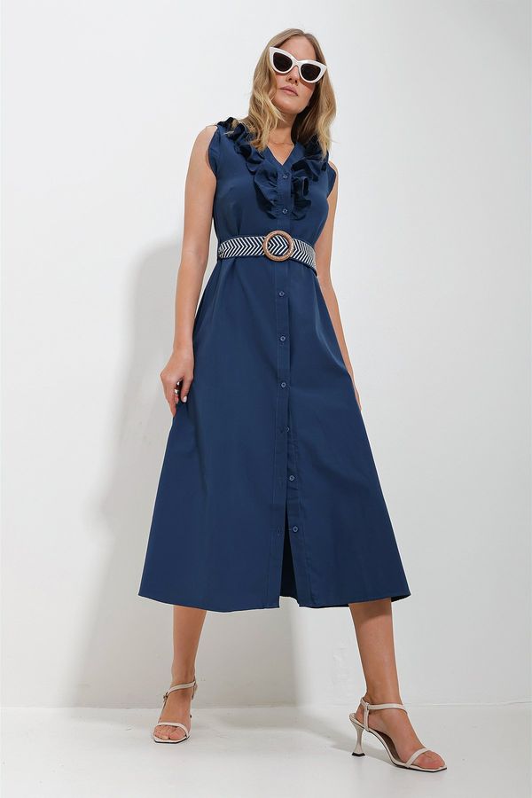 Trend Alaçatı Stili Trend Alaçatı Stili Women's Navy Blue Front Frilly Front Belted Poplin Woven Dress