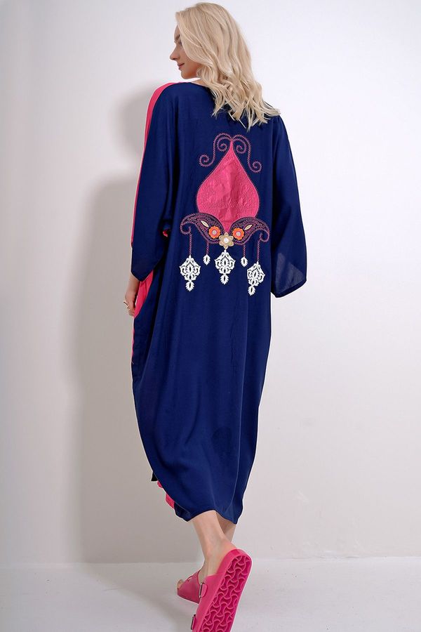 Trend Alaçatı Stili Trend Alaçatı Stili Women's Navy Blue-Fuchsia V-Neck Front Buttoned Color Blocked Back Embroidered Woven Viscose Dress