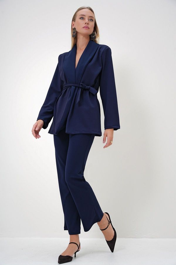 Trend Alaçatı Stili Trend Alaçatı Stili Women's Navy Blue Shawl Collar Self-Belted Jacket and Palazzo Trousers Set