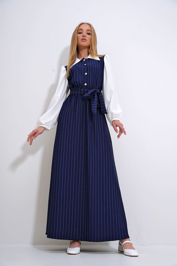 Trend Alaçatı Stili Trend Alaçatı Stili Women's Navy Blue Shirt Collar Button Detailed Striped Hijab Dress