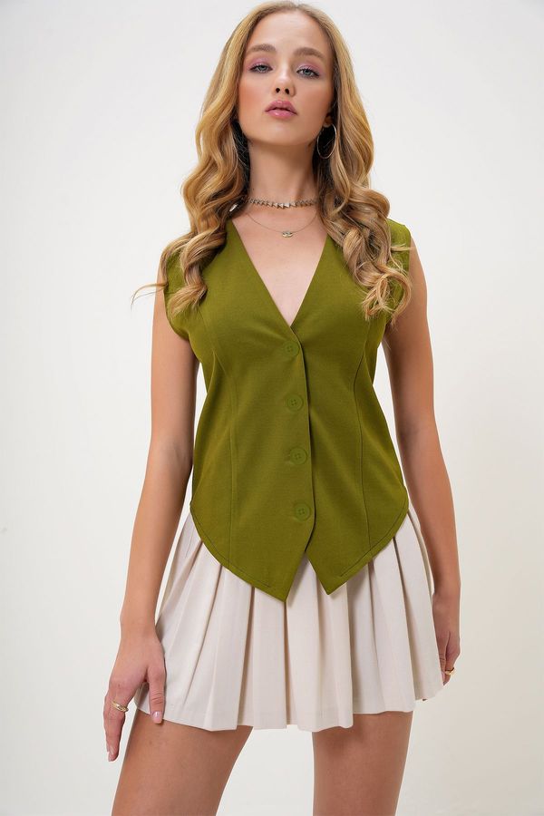 Trend Alaçatı Stili Trend Alaçatı Stili Women's Oil Green Body-fitting Adjustable Woven Vest
