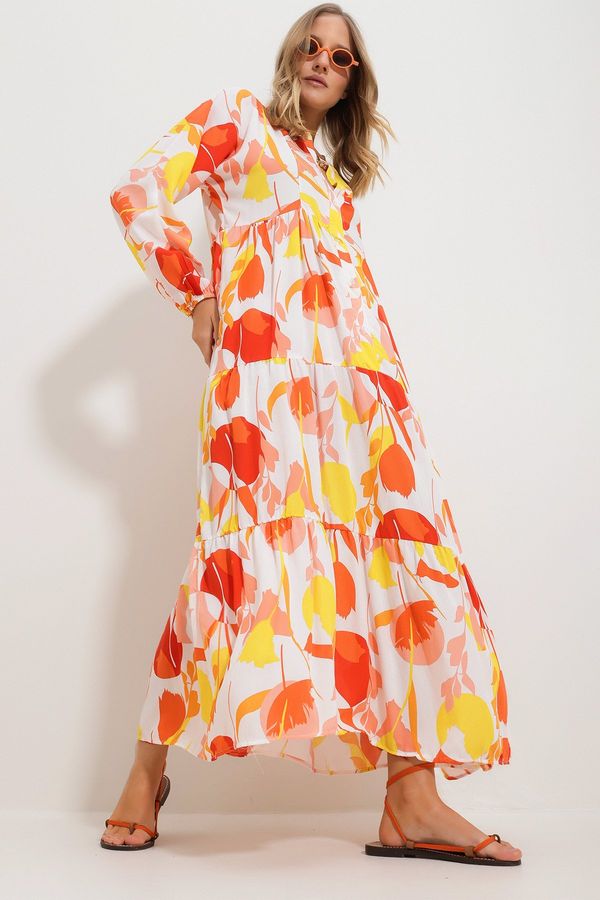 Trend Alaçatı Stili Trend Alaçatı Stili Women's Orange Big Collar Shawl Patterned Maxi Length Dress