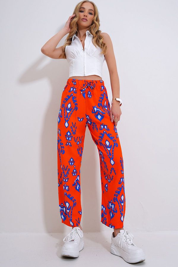 Trend Alaçatı Stili Trend Alaçatı Stili Women's Orange Elastic Waist Patterned Woven Viscose Trousers