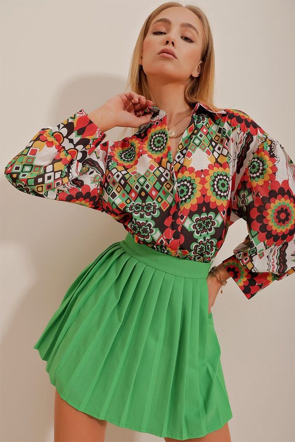 Trend Alaçatı Stili Trend Alaçatı Stili Women's Orange-Green Princess Ethnic Patterned Flared Linen Woven Shirt