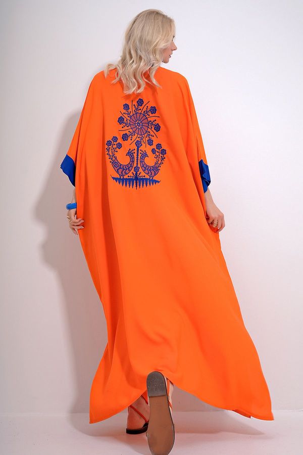 Trend Alaçatı Stili Trend Alaçatı Stili Women's Orange Judge Collar Back Embroidered Bat Sleeve Maxiboy Woven Dress