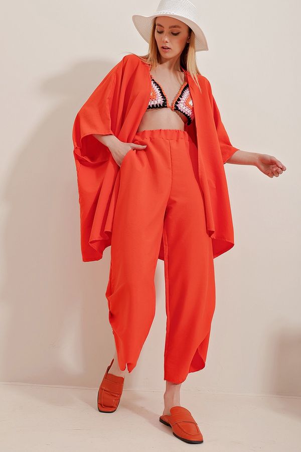 Trend Alaçatı Stili Trend Alaçatı Stili Women's Orange Self-Textured Trousers And Jacket With Slit Legs Double Suit
