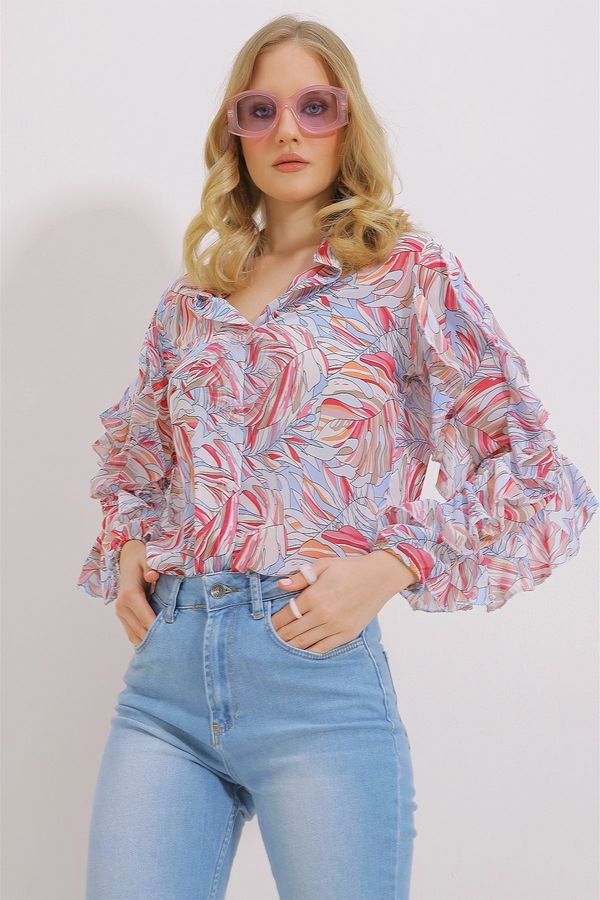 Trend Alaçatı Stili Trend Alaçatı Stili Women's Pink Big Collar Sleeves Flounce Patterned Chiffon Shirt