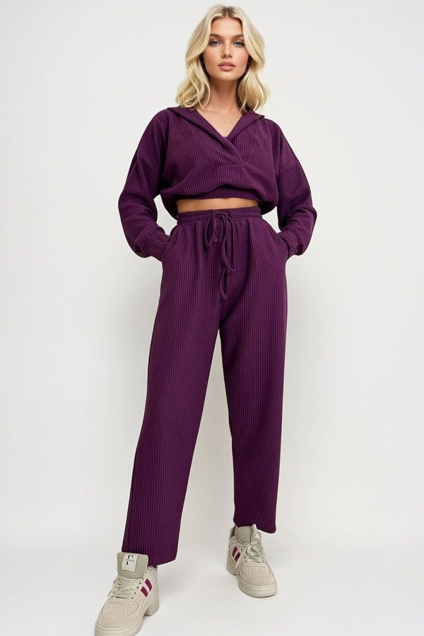 Trend Alaçatı Stili Trend Alaçatı Stili Women's Plum Hooded Double Breasted Loose Cut Seasonal Bottom Top Set