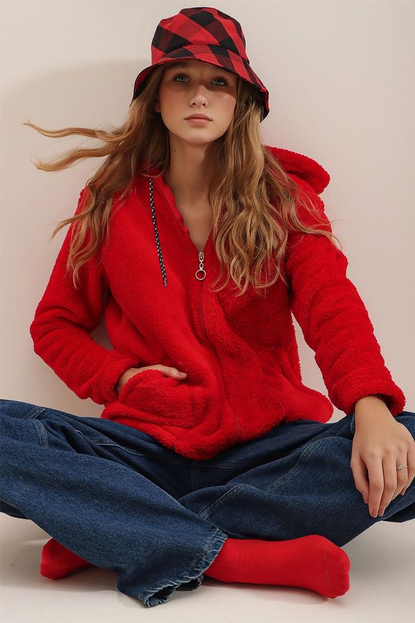 Trend Alaçatı Stili Trend Alaçatı Stili Women's Red Hoodie with Zipper Front Double Pocket Oversized Plush Sweatshirt