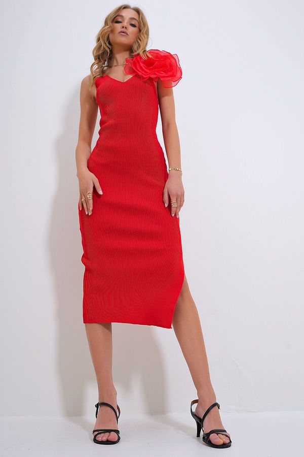 Trend Alaçatı Stili Trend Alaçatı Stili Women's Red V-Neck Rose Accessory Knitwear Midi Length Dress