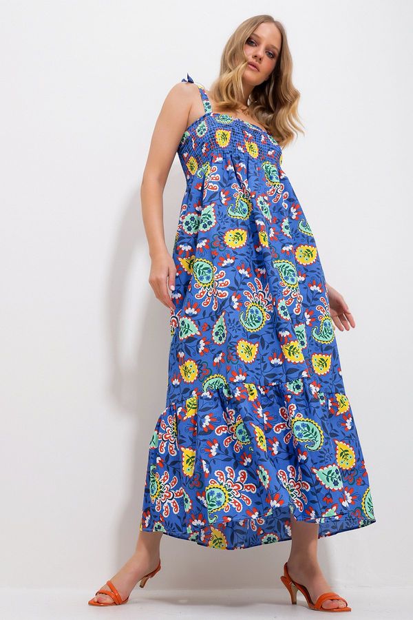 Trend Alaçatı Stili Trend Alaçatı Stili Women's Saxe Blue Strap Skirt Flounce Floral Pattern Gimped Woven Dress