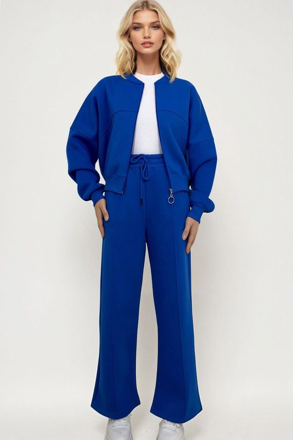 Trend Alaçatı Stili Trend Alaçatı Stili Women's Saxe Crew Neck 3 Thread Raised Front Zippered Sweat and Grass Trouser Set