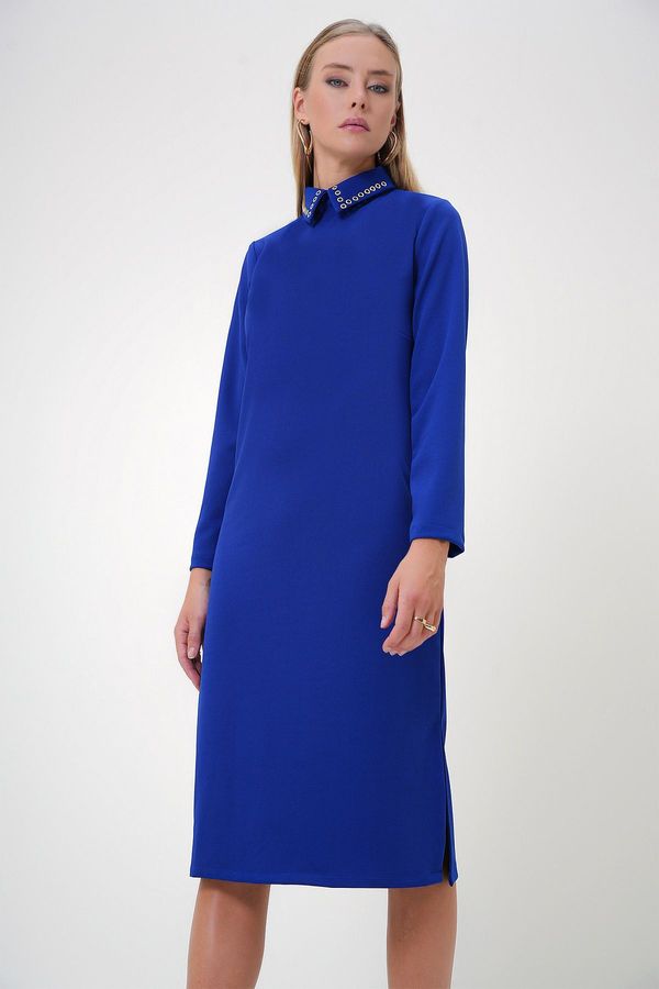 Trend Alaçatı Stili Trend Alaçatı Stili Women's Saxe Shirt Collar Bird Eye Detailed Crepe Knit Dress with Two Side Slits