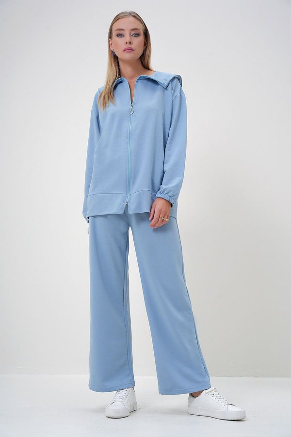 Trend Alaçatı Stili Trend Alaçatı Stili Women's Sky Blue Polo Collar Zippered Jacket and Trousers Set