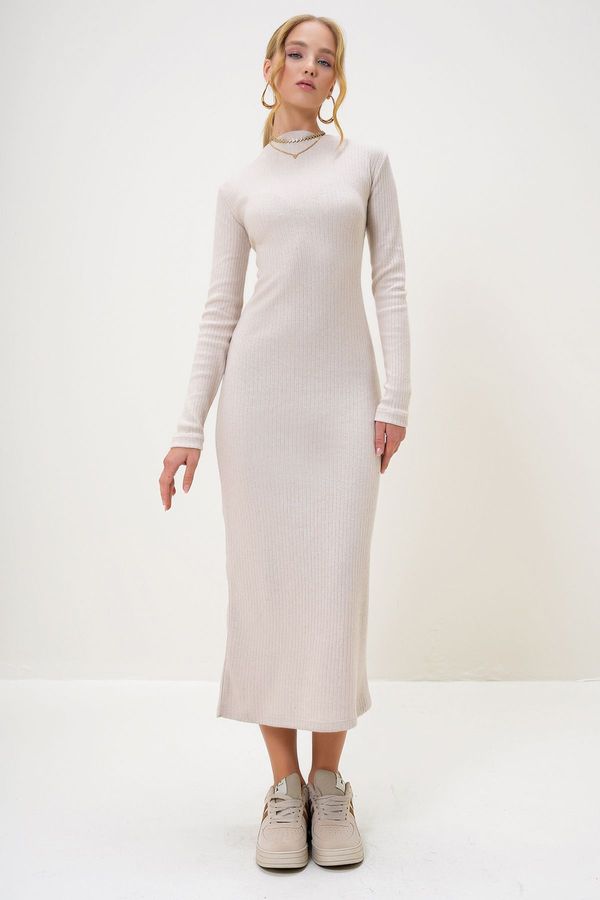 Trend Alaçatı Stili Trend Alaçatı Stili Women's Stone Crew Neck Long Sleeve Interlock Fabric Maxi Length Dress