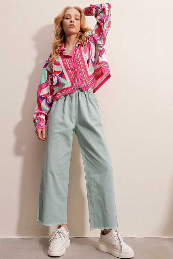 Trend Alaçatı Stili Trend Alaçatı Stili Women's Teak Green High Waist Palazzo Jeans with Tassels Tassels