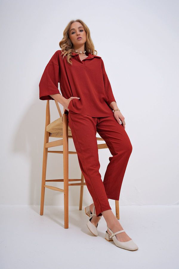 Trend Alaçatı Stili Trend Alaçatı Stili Women's Tile Oversize Shirt Collar Blouse And High Waist Trousers Set